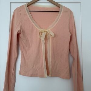 Vintage Y2K Anthropologie Pink Cotton Top w/ Cream Bow Detail